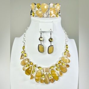 Exquisite Yellow Lace Agate 925 Large Gemstone Necklace Bracelet & Earrings Set